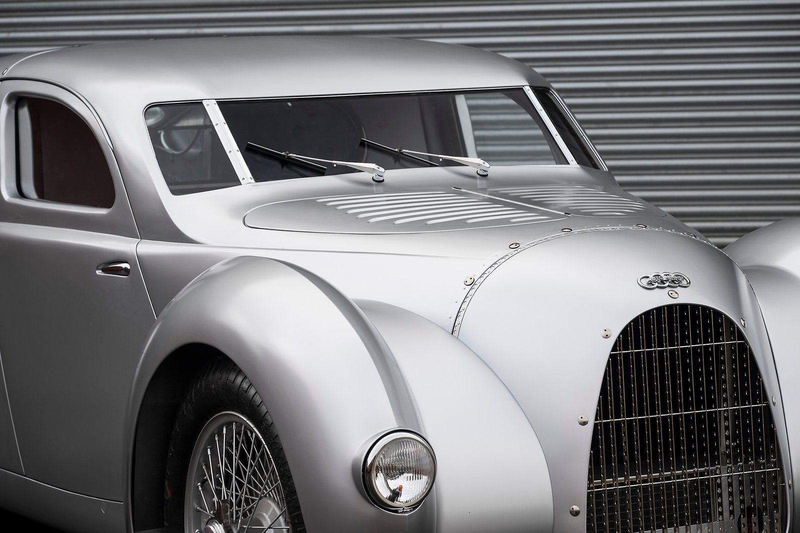 Imagined over 90 years ago, now brought to life: Audi Tradition presents the Auto Union Type 52 Schnellsportwagen at the Goodwood Festival of Speed 2024. Close-up.