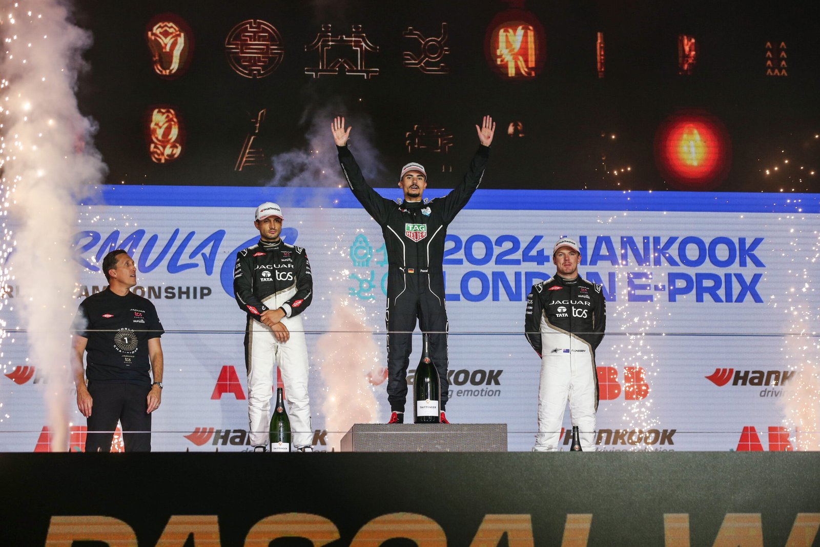 World Champion Pascal Wehrlein, TAG Heuer Porsche Formula E Team, on  the podium with Mitch Evans, Jaguar TCS Racing, championship runner up, Nick Cassidy, Jaguar TCS Racing, 3rd position in the championship, and James Barclay, Team Director, Jaguar TCS Racing